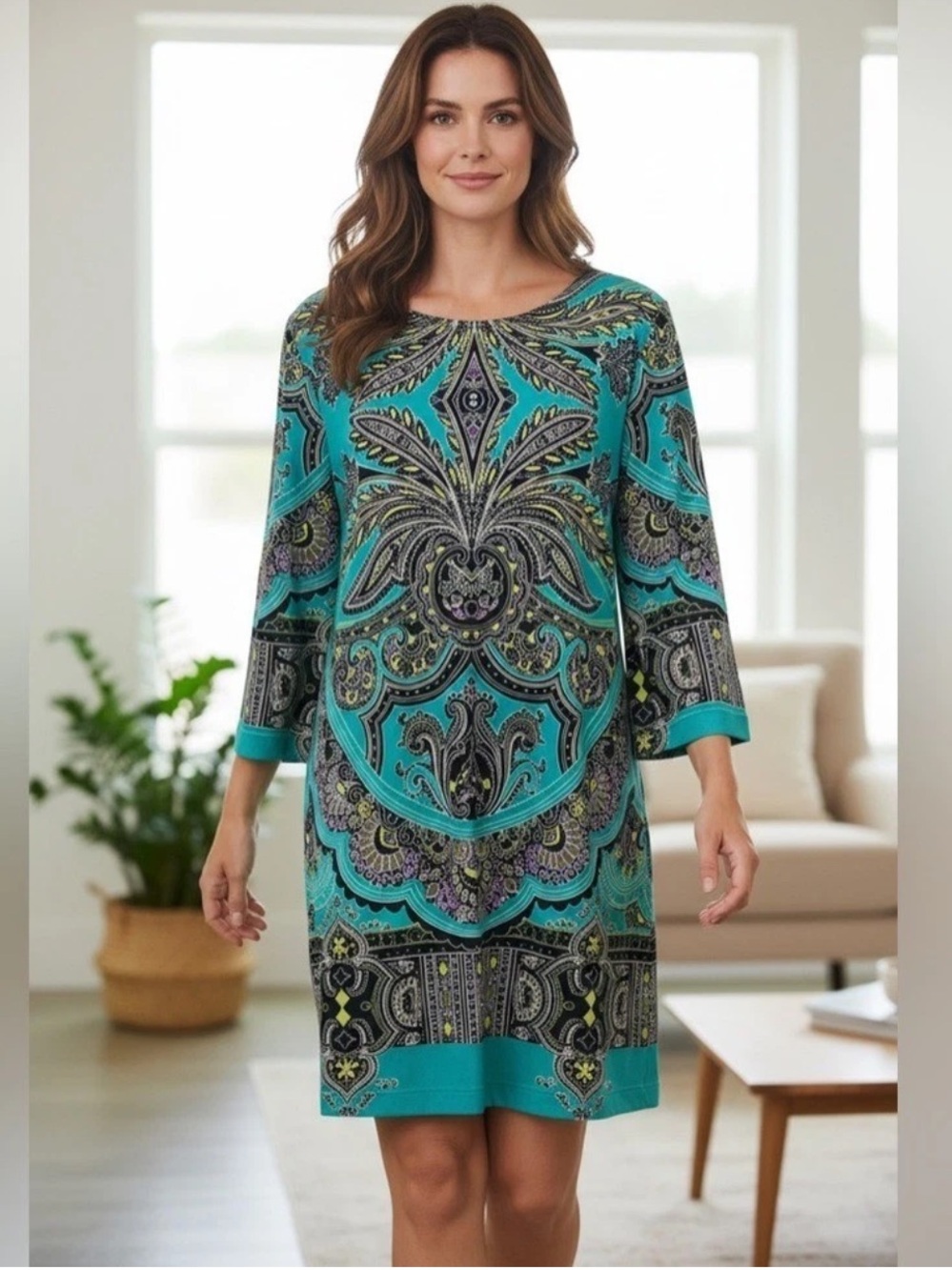 Vintage Teal Paisley Shift Dress with 3/4 Sleeves woman’s size XL